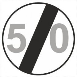 Znak drogowy B-34-50 koniec ograniczenia prędkości (tu 50 km)