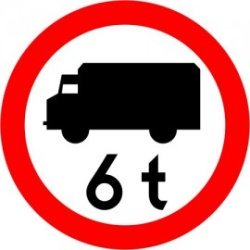 Naklejka znak zakazu  B-5a Zakaz wjazdu poj. ciężarowych o dopuszczalnej masie większej, niż określono na znaku (tu- 6 t)