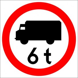 Znak drogowy B-5a Zakaz wjazdu poj. ciężarowych o dopuszczalnej masie większej, niż określono na znaku (tu- 6 t)