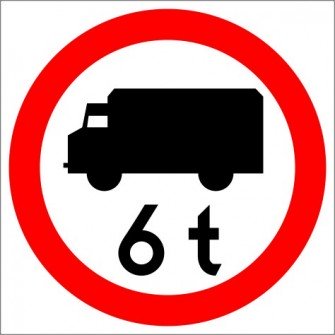 B-5a Zakaz wjazdu poj. ciężarowych o dopuszczalnej masie większej, niż określono na znaku (tu- 6 t)